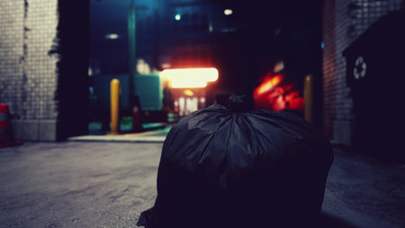A black trash bag lies on the ground in a narrow alley under bright neon lights. The scene captures the contrast of urban life against the backdrop of nighttime, evoking a sense of solitude.の写真素材