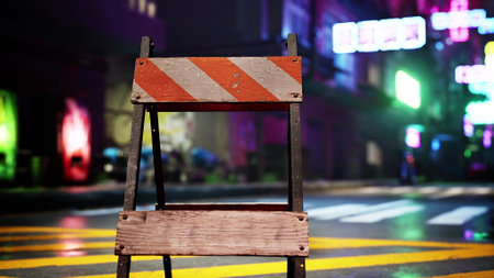 A construction barrier stands in the foreground of a vibrant city street at night. Colorful neon lights reflect off the wet pavement, creating a lively yet deserted urban scene.の写真素材
