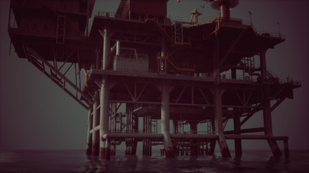 A massive oil platform is anchored in the ocean, its structure illuminated by soft lights under the twilight. Waves gently lap at the pillars supporting the facility.の写真素材