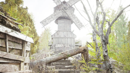 A rustic windmill stands tall amid lush greenery as morning mist envelops the scene. Nearby, trees and fallen branches add to the tranquil atmosphere of natures beauty.の写真素材