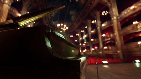 A grand piano stands prominently on stage, surrounded by an ornate theater setting. Warm lights twinkle above, creating an inviting atmosphere for a captivating performance.の写真素材