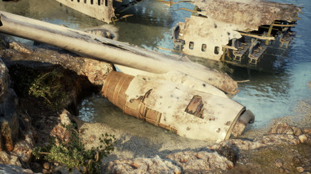 Rusty aircraft remnants lie scattered in clear waters, surrounded by rocks and greenery. Nature...