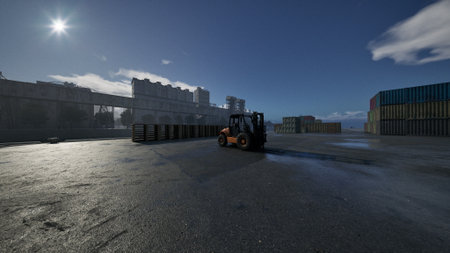 A forklift navigates through a large shipping yard filled with stacked containers. The sun shines...