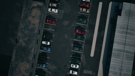 Aerial perspective of a spacious parking lot featuring an array of cars in different colors. The sun casts shadows, adding depth to the scene. Nearby buildings frame the area.の写真素材