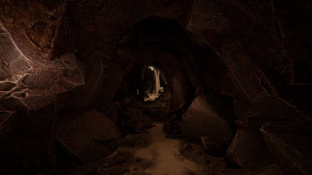 A narrow passageway winds through rugged rock formations, illuminated by soft light. Shadows dance along the walls, creating a sense of wonder in this ancient environment.の写真素材