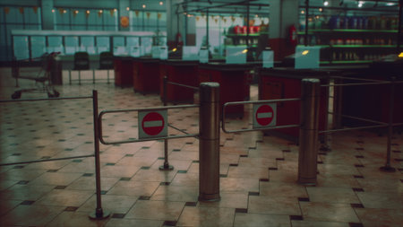Dimly lit supermarket features empty aisles and closed entrance gates. Security barriers stand in place, creating an eerie silence in the spacious store.の写真素材
