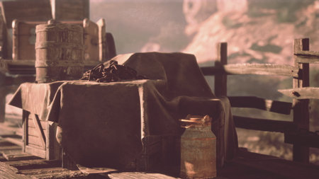 In a serene desert setting, wooden crates and a covered object sit on a weathered dock. The soft morning light creates a peaceful atmosphere, revealing the beauty of nature's textures.の写真素材