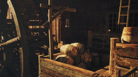 Soft light filters through the cracks of a weathered warehouse highlighting a large water wheel and stacked wooden barrels. Shadows dance on the walls, creating an atmospheric setting.の写真素材