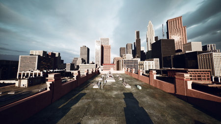 A stunning panorama showcases a bustling city skyline against a dramatic sky. Tall buildings stretch toward the clouds as shadows play on the rooftop, creating a dynamic urban landscape at dusk.の写真素材