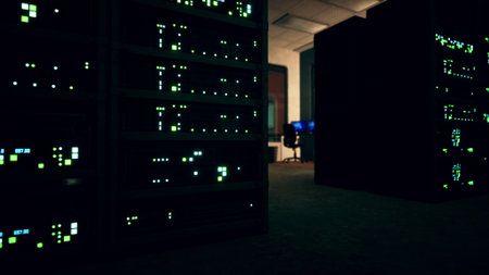 Dim lighting reveals rows of servers with pulsating green lights, showcasing a high tech environment. A distant workstation glows softly, hinting at ongoing computer activity.の写真素材