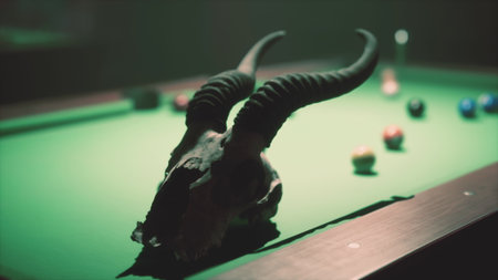 A striking bull skull with long horns rests atop a green pool table. Colorful pool balls scatter across the felt while shadows play across the walls in the low light setting.の写真素材
