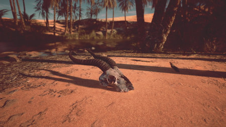 A sunlit scene in a vast desert shows a weathered animal skull lying on the warm sandy ground. Palm trees surround the area, creating a contrast with the barren landscape.の写真素材