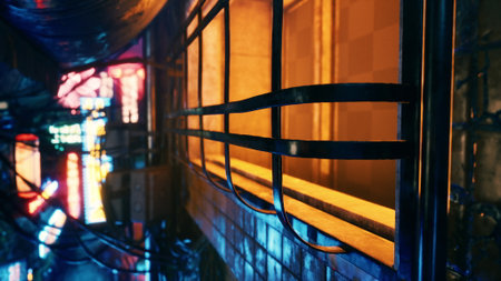 Neon lights reflect off wet pavement in a bustling urban alley at dusk. The scene captures shadows and vibrant colors, creating an immersive experience of city life and energy.の写真素材