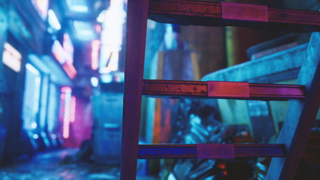 Neon lights cascade down a narrow alleyway, bringing life to the gritty environment. Reflections shimmer on the wet pavement, creating a captivating scene filled with urban energy.の写真素材
