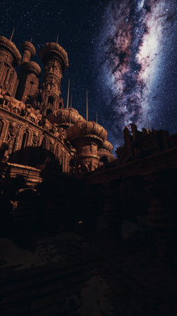 A grand castle stands tall against a deep night sky filled with countless stars. The intricate architecture glows softly, revealing a world of magic and imagination.の写真素材