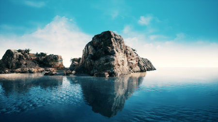 The tranquil scene captures clear waters mirroring majestic cliffs. Sunlight filters through soft clouds, creating a peaceful atmosphere at dawn, perfect for quiet reflection and appreciation.の写真素材