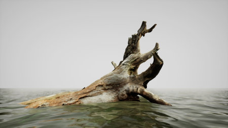 A piece of driftwood rises from still waters, surrounded by a serene atmosphere. The gray sky creates a peaceful backdrop, enhancing the natural beauty of the scene.の写真素材