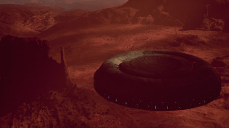 In a captivating scene, a sleek spacecraft floats quietly above the arid terrain of a desert, bathed...