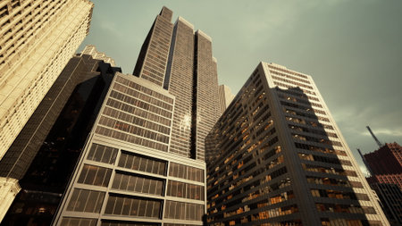 Tall skyscrapers dominate the city skyline as evening falls. Lights begin to twinkle in the buildings, reflecting the busy life of the urban setting during twilight.の写真素材