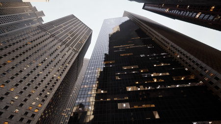 Glimmers of light shine from windows of towering buildings as dusk falls over the city. The architectural beauty reaches upward, creating a stunning silhouette against the evening sky.の写真素材