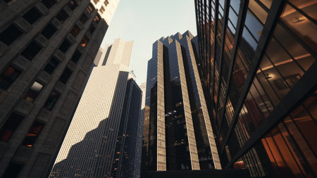 Tall skyscrapers rise majestically against the sky, reflecting the warm glow of the setting sun. The urban setting is alive with energy as shadows stretch across the pavement.の写真素材