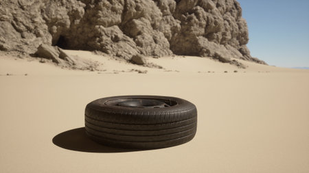 A solitary tire sits in an expansive desert, surrounded by smooth sandy dunes and towering rocky formations. The clear sky above creates a stark contrast with the rugged terrain.の写真素材