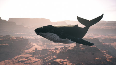 A humpback whale glides through a breathtaking canyon, its massive body moving effortlessly in the water. The warm light of sunset illuminates the rocky formations, casting a golden hue.の写真素材