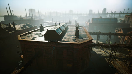 Rooftops of weathered buildings contrast with modern city skyscrapers in the distance, shrouded in morning fog. Pipes crisscross above, hinting at the areas industrial past and resilience.の写真素材