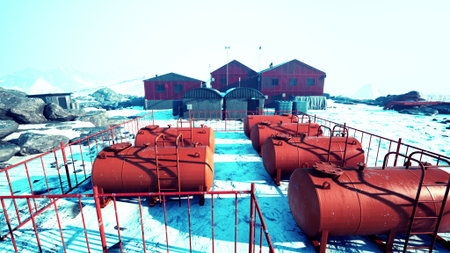 In a remote arctic area, large red storage tanks stand against a backdrop of white snow. Nearby,...