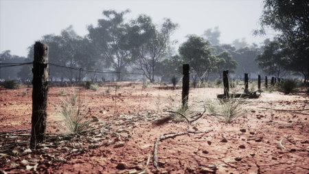 A serene Australian outback setting showcases a rustic wooden fence stretching across reddish brown earth. Surrounding eucalyptus trees add charm to this tranquil scene bathed in soft morning light.の写真素材
