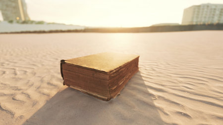 An ancient book lies alone on the warm sands of a desert, illuminated by the golden rays of the setting sun. The tranquil atmosphere contrasts with the distant modern buildings.の写真素材