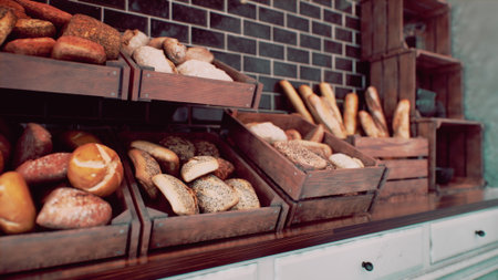 A cozy bakery showcases an array of freshly baked artisan breads in wooden crates, highlighting the warm atmosphere and delicious scents of baked goods in a rustic setting.の写真素材