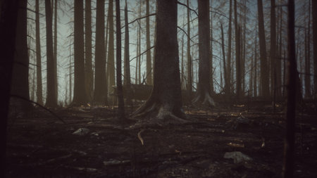 Beneath the towering trees of a forest recovery, remnants of a wildfire linger. The soft morning light filters through the branches, illuminating a silent landscape of rebirth.の写真素材