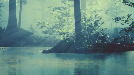 A serene forest landscape enveloped in soft mist while raindrops create gentle ripples on the waters surface. Sunlight filters through the trees, offering a magical ambiance.の写真素材