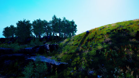 A beautiful hillside is covered in lush green grass and colorful wildflowers, basking in sunlight. Trees stand tall nearby, creating a serene and peaceful natural setting.の写真素材