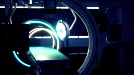 In a modern clinic, a high tech imaging device awaits use in a softly lit room. The glowing edges and sleek design hint at the advanced technology for patient diagnostics.の写真素材