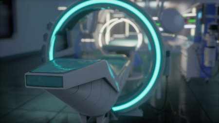 In a sleek and modern medical facility, advanced technology surrounds a glowing examination bed.