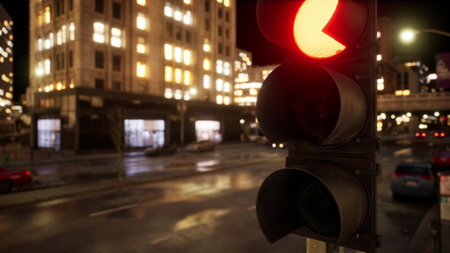 In a bustling urban area at night, a red traffic light glows brightly against the backdrop of illuminated buildings. Cars await patiently while streetlights cast soft shadows.の写真素材