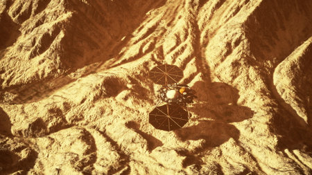 A robotic lander navigates the rugged terrain of an alien landscape, showcasing its solar panels under a warm glow. Its mission aims to uncover secrets of the cosmos and advance science.の写真素材