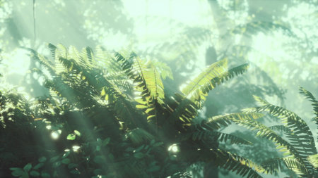 Sunlight filters through the dense canopy, illuminating vibrant ferns in a serene jungle. The scene captures natures beauty, creating a soothing atmosphere of growth and life.の写真素材
