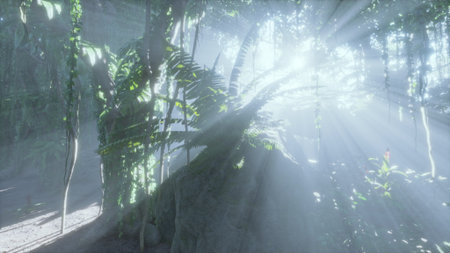 Golden rays of sunlight pierce through the thick foliage of a tropical forest, illuminating the rich...