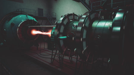 In a dimly lit laboratory, a powerful machine emits a vibrant energy beam, showcasing cutting edge technology. Engineers observe the equipments complex mechanisms in action.の写真素材