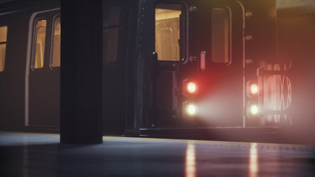 A subway train pulls into a dimly lit station during a foggy evening. The soft glow of lights illuminates the platform, creating an atmospheric scene filled with anticipation.の写真素材