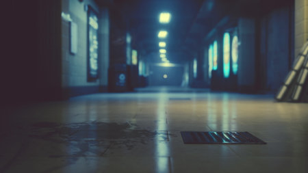 Vague shadows dance along the walls of a long, empty corridor illuminated by soft lights. Water stains mark the floor, hinting at forgotten stories within this eerie setting.の写真素材