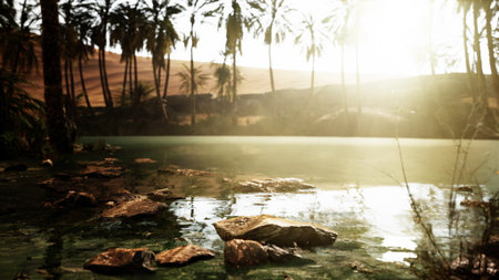 Golden sunlight breaks over a tranquil oasis, casting reflections on clear water. Lush palm trees stand tall against a backdrop of rolling dunes, evoking peace and natural beauty.の写真素材