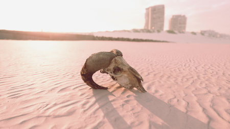 A weathered animal skull lies on the soft sands of a beach, surrounded by dunes. The scene is bathed...