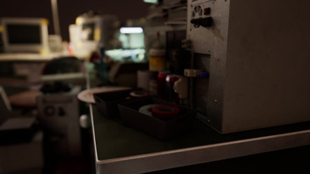 In a quiet workshop, shadows play on old machines and tools as dim light provides a glimpse of a busy past. Paint pots and scattered materials hint at creative tasks once completed.の写真素材