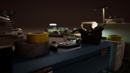 Various tools and materials clutter a workbench in a workshop. The scene captures the essence of...
