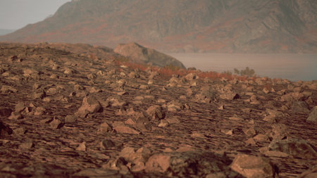 Sunset casts a warm glow over a rocky terrain, dotted with stones. Distant mountains frame the horizon, while gentle colors reflect the tranquil beauty of nature during this serene time.の写真素材