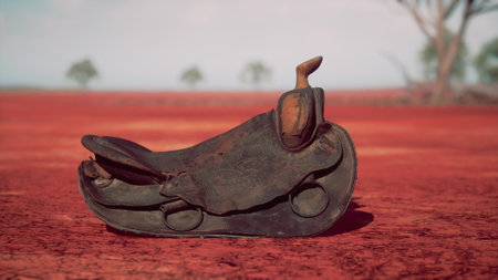 An intriguing artifact sits quietly on the vibrant red soil in the vast Australian outback. The warm sunlight casts shadows, revealing the textures of the landscape.の写真素材